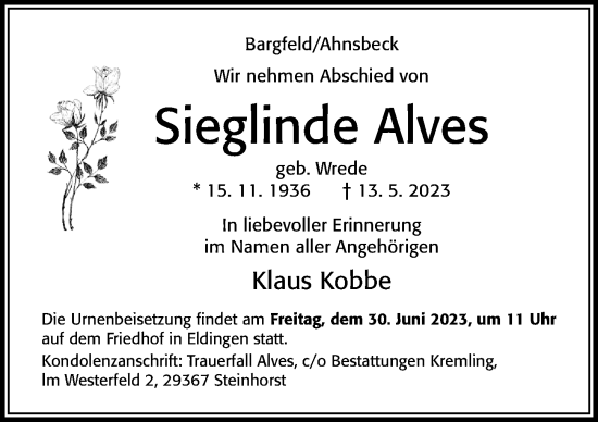 Traueranzeige von Sieglinde Alves von Cellesche Zeitung