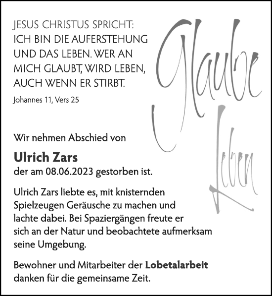 Traueranzeige von Ulrich Zars von Cellesche Zeitung