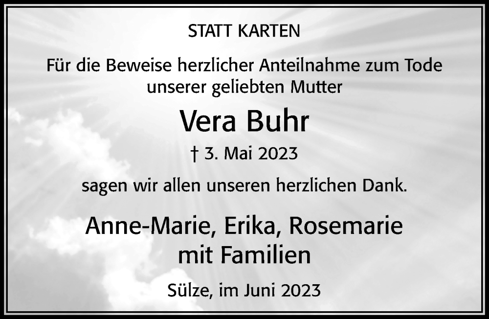  Traueranzeige für Vera Buhr vom 03.06.2023 aus Cellesche Zeitung