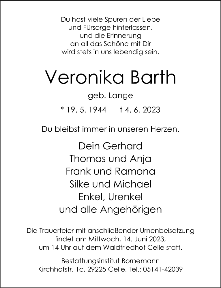  Traueranzeige für Veronika Barth vom 10.06.2023 aus Cellesche Zeitung