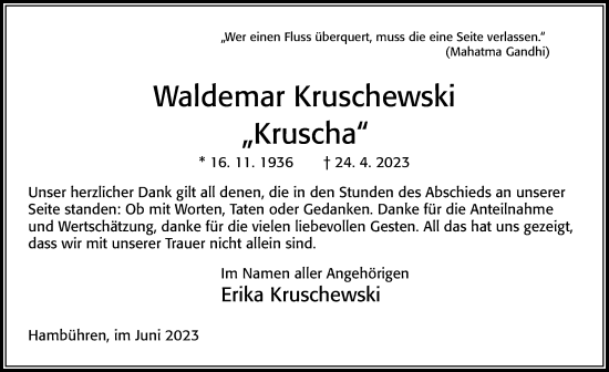 Traueranzeige von Waldemar Kruschewski von Cellesche Zeitung