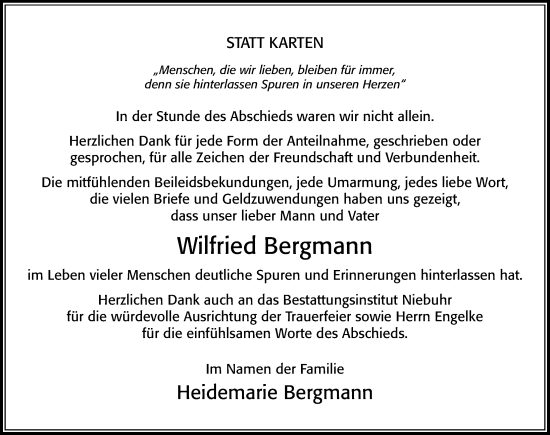 Traueranzeige von Wilfried Bergmann von Cellesche Zeitung