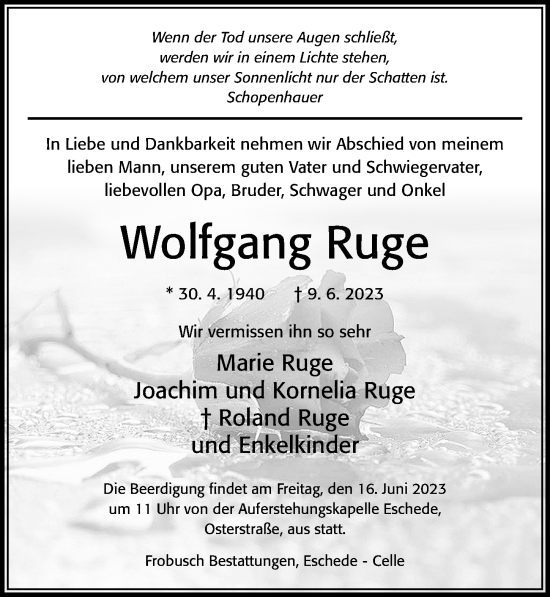 Traueranzeige von Wolfgang Ruge von Cellesche Zeitung