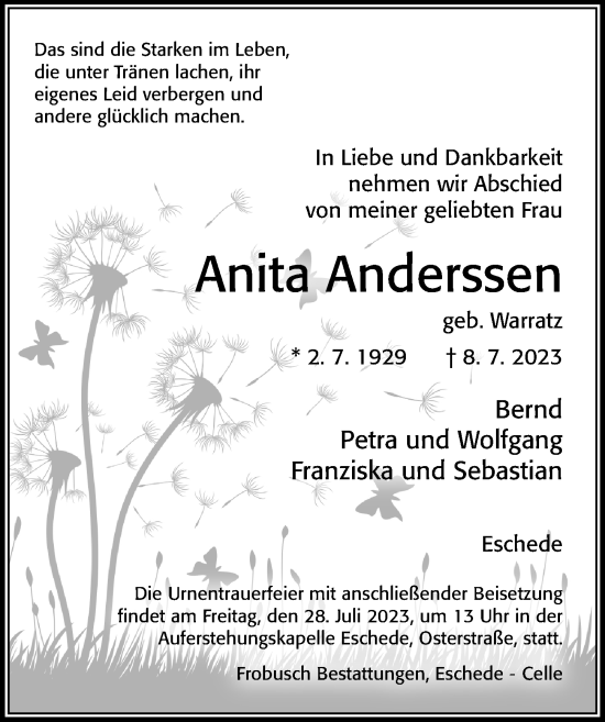 Traueranzeige von Anita Anderssen von Cellesche Zeitung