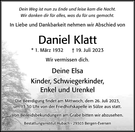 Traueranzeige von Daniel Klatt von Cellesche Zeitung