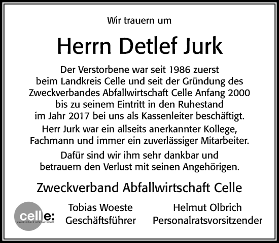 Traueranzeige von Detlef Jurk von Cellesche Zeitung