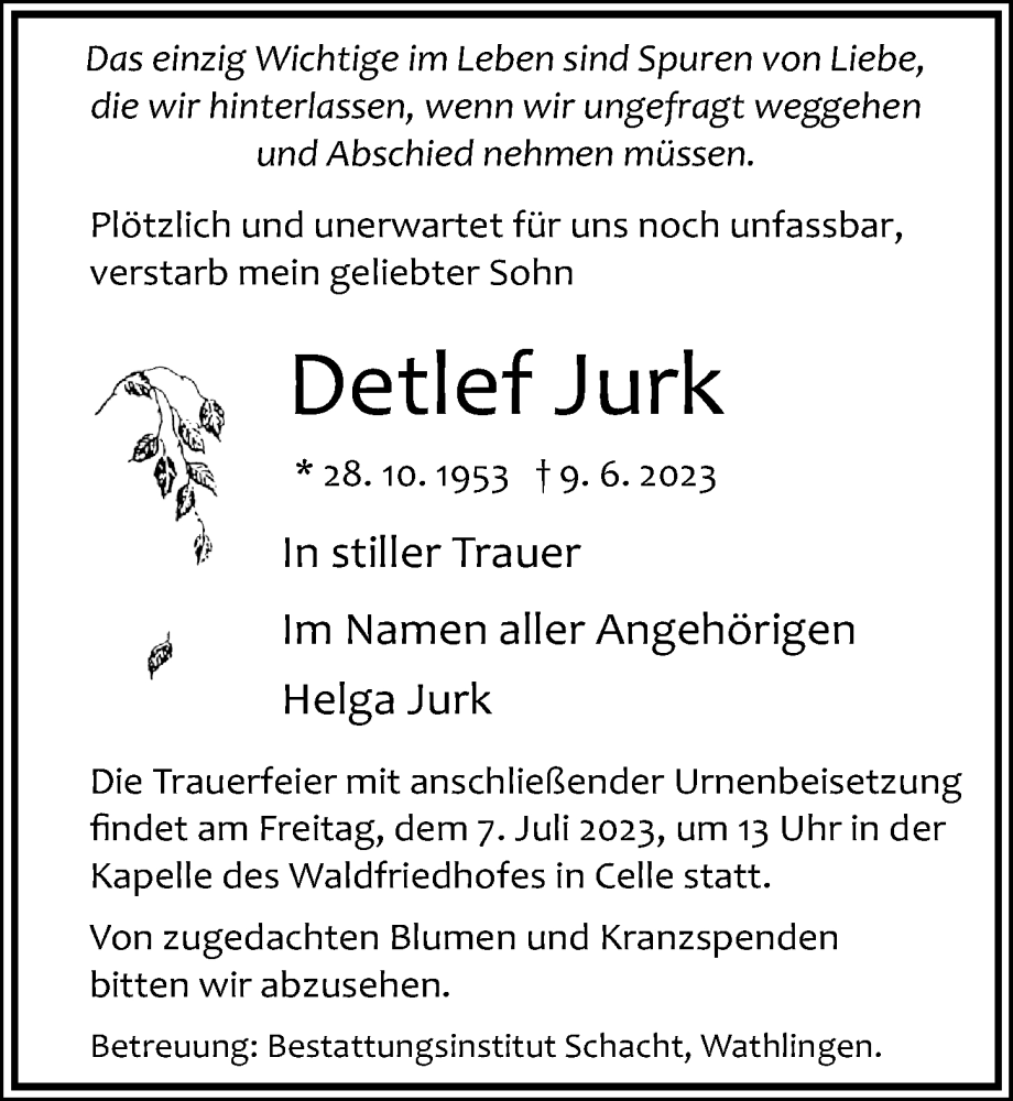  Traueranzeige für Detlef Jurk vom 01.07.2023 aus Cellesche Zeitung