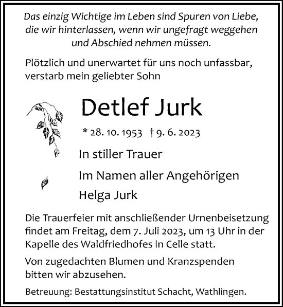 Traueranzeige von Detlef Jurk von Cellesche Zeitung
