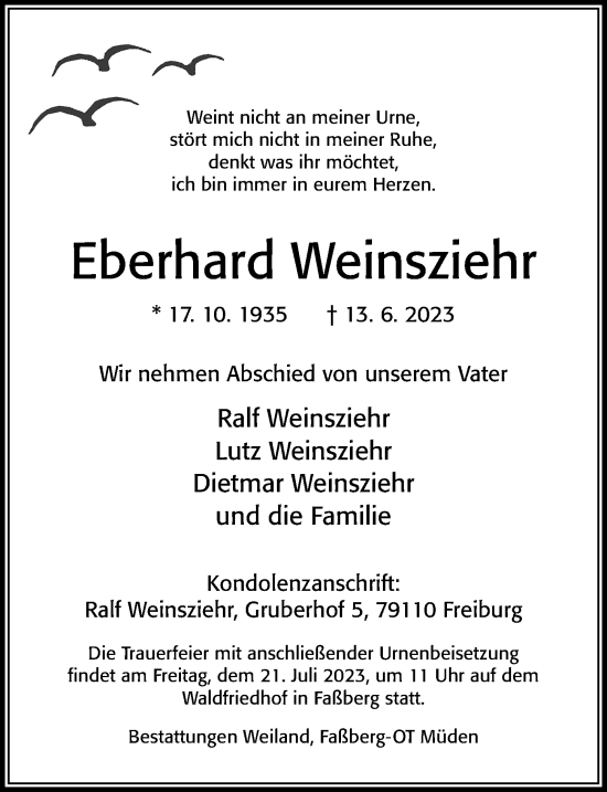 Traueranzeige von Eberhard Weinsziehr von Cellesche Zeitung