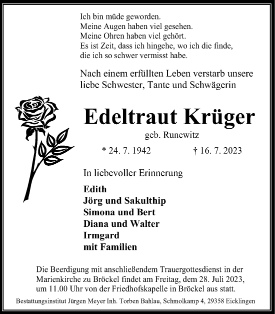 Traueranzeige von Edeltraut Krüger von Cellesche Zeitung