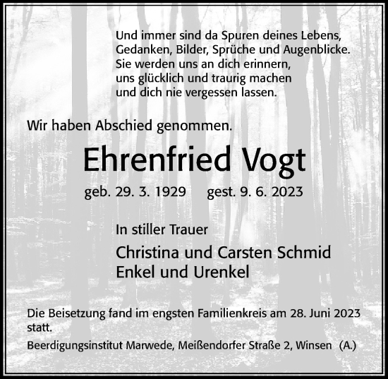 Traueranzeige von Ehrenfried Vogt von Cellesche Zeitung
