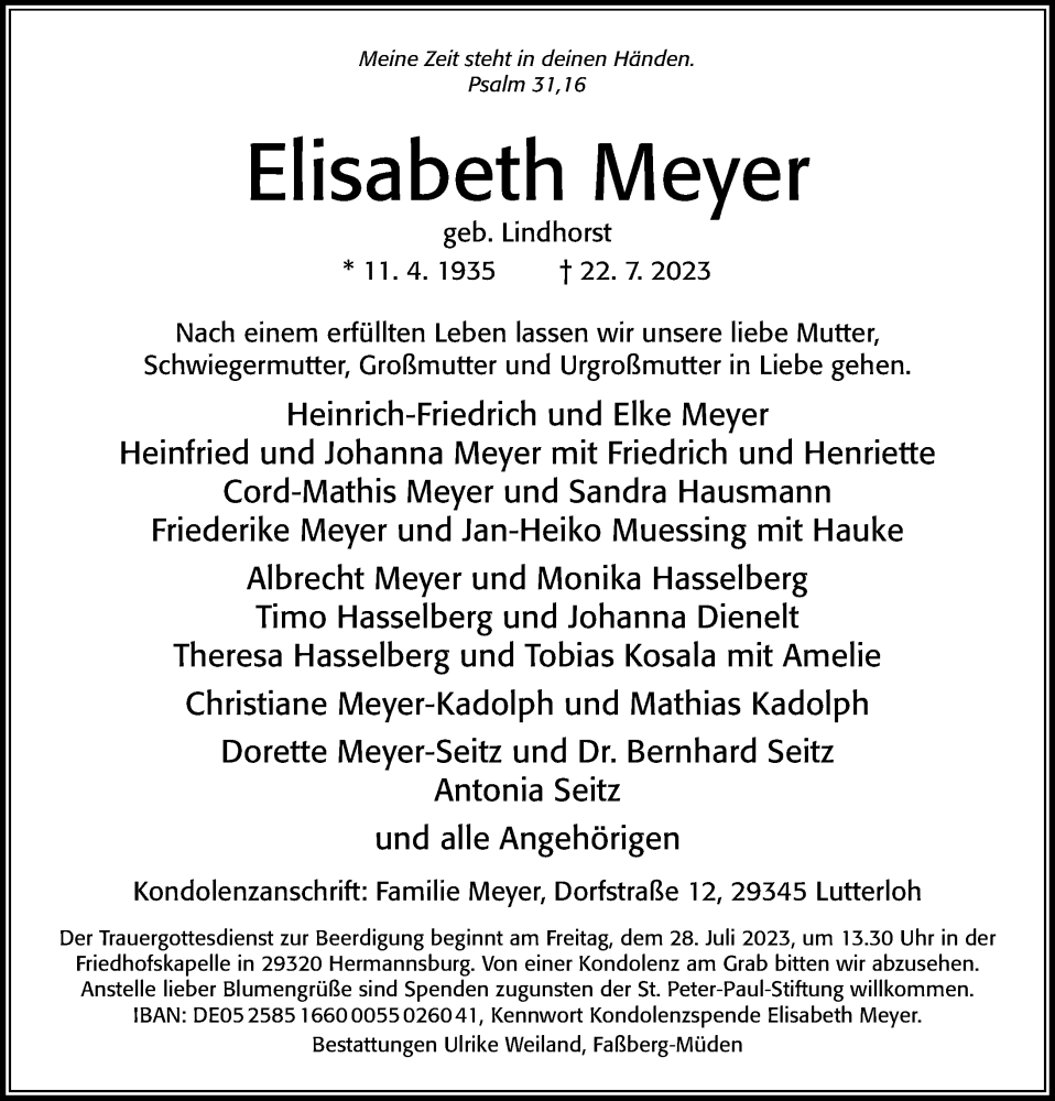 Traueranzeigen von Elisabeth Meyer | Trauerportal der Celleschen Zeitung