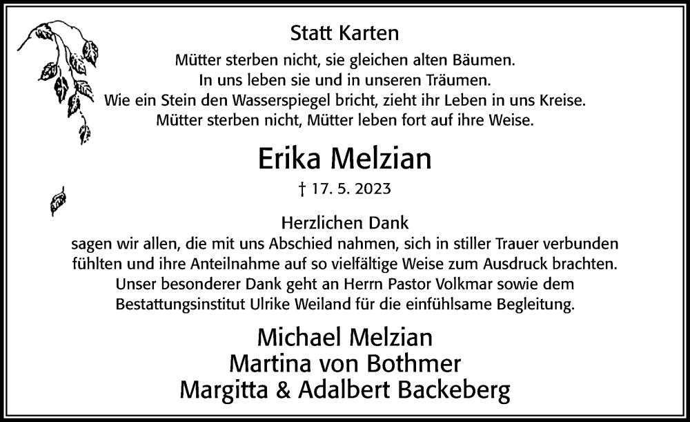 Traueranzeige für Erika Melzian vom 22.07.2023 aus Cellesche Zeitung