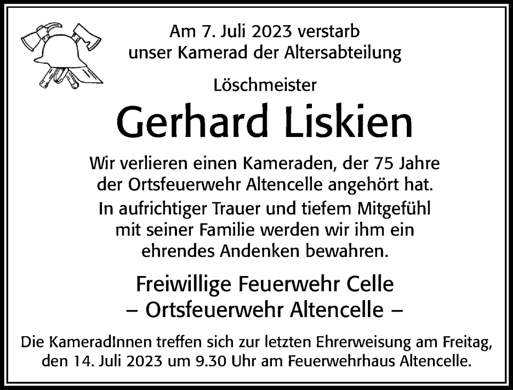  Traueranzeige für Gerhard Liskien vom 12.07.2023 aus Cellesche Zeitung
