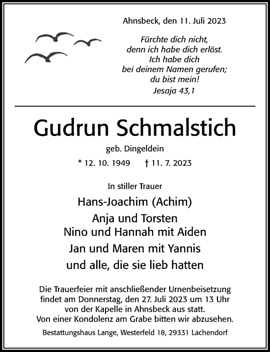 Traueranzeige von Gudrun Schmalstich von Cellesche Zeitung