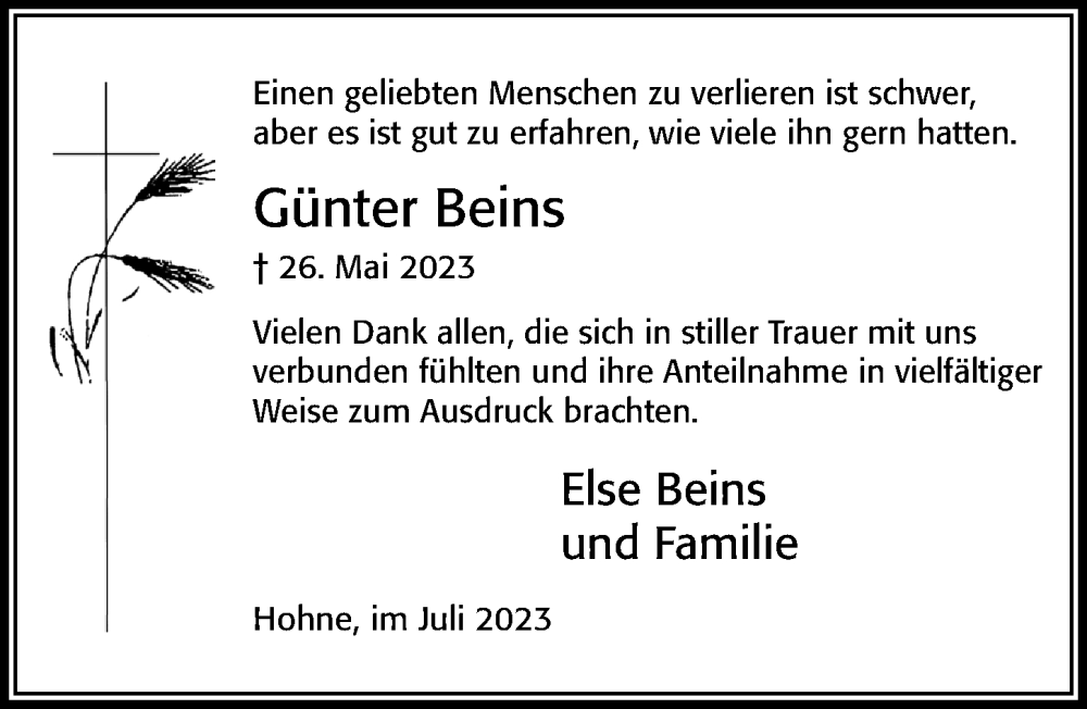  Traueranzeige für Günter Beins vom 20.07.2023 aus Cellesche Zeitung