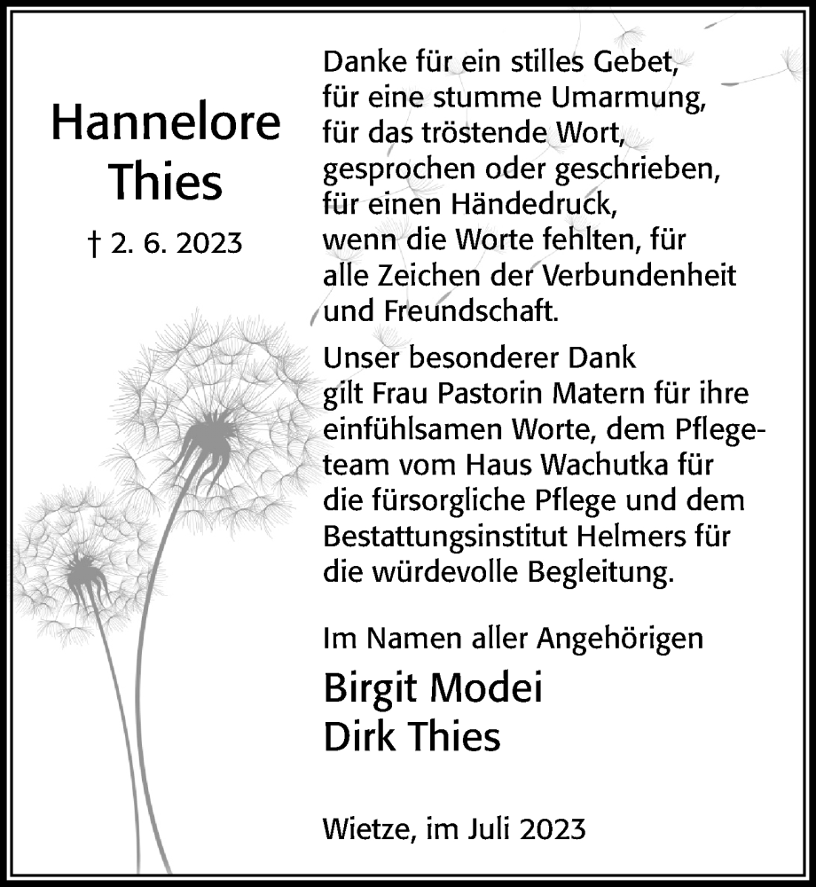  Traueranzeige für Hannelore Thies vom 01.07.2023 aus Cellesche Zeitung