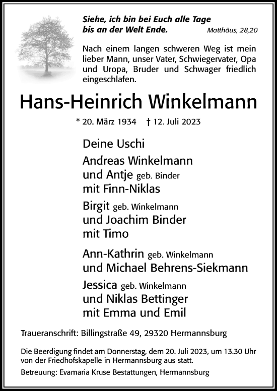 Traueranzeige von Hans-Heinrich Winkelmann von Cellesche Zeitung