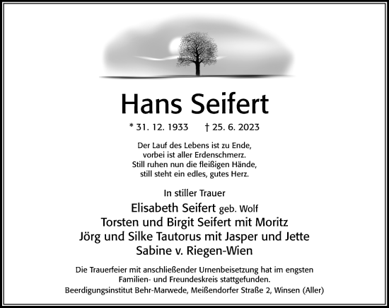 Traueranzeige von Hans Seifert von Cellesche Zeitung