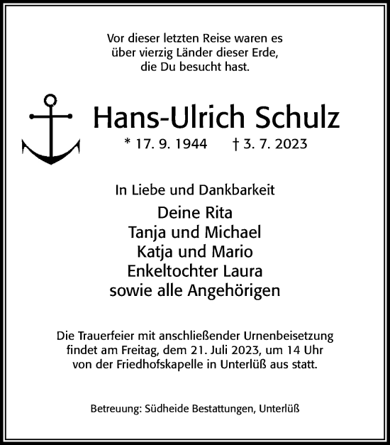 Traueranzeige von Hans-Ulrich Schulz von Cellesche Zeitung