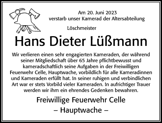 Traueranzeige von Hans Dieter Lüßmann von Cellesche Zeitung