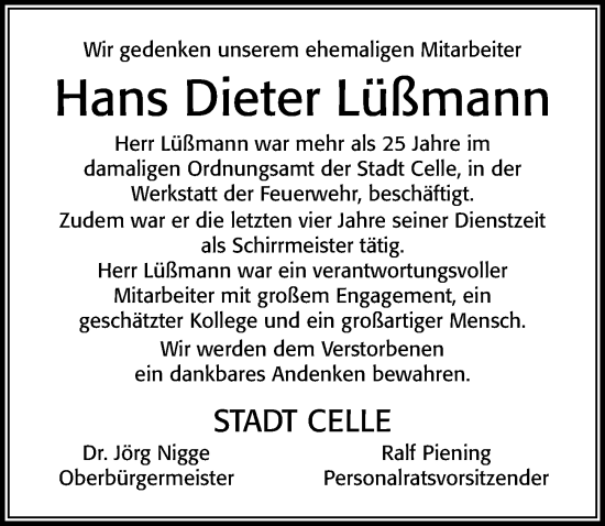 Traueranzeige von Hans Dieter Lüßmann von Cellesche Zeitung