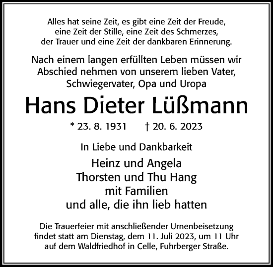 Traueranzeige von Hans Dieter Lüßmann von Cellesche Zeitung