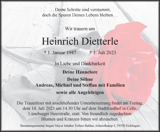 Traueranzeige von Heinrich Dietterle von Cellesche Zeitung