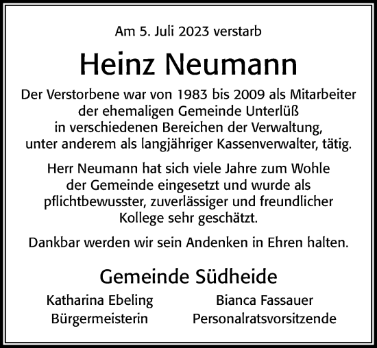 Traueranzeige von Heinz Neumann von Cellesche Zeitung