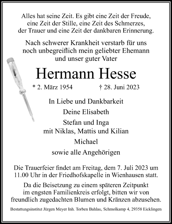 Traueranzeige von Hermann Hesse von Cellesche Zeitung