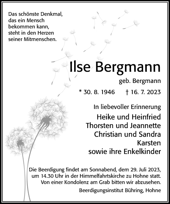 Traueranzeige von Ilse Bergmann von Cellesche Zeitung