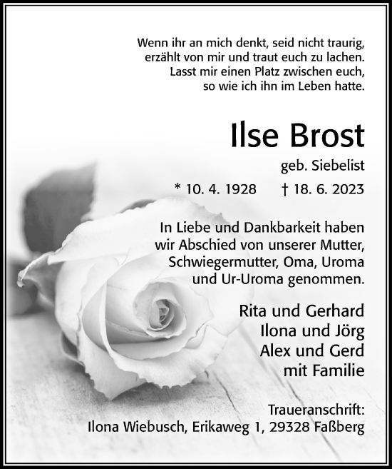 Traueranzeige von Ilse Brost von Cellesche Zeitung