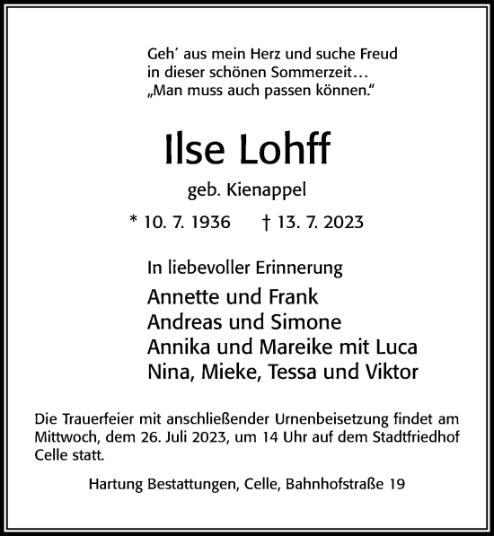 Traueranzeige von Ilse Lohff von Cellesche Zeitung