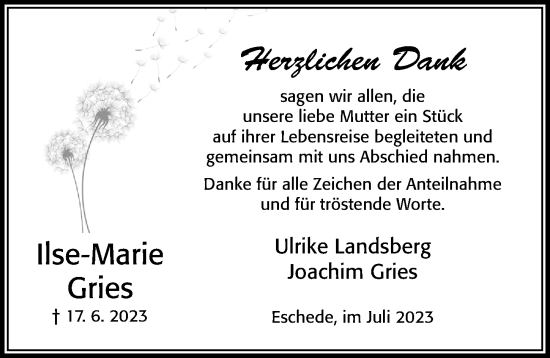 Traueranzeige von Ilse-Marie Gries von Cellesche Zeitung