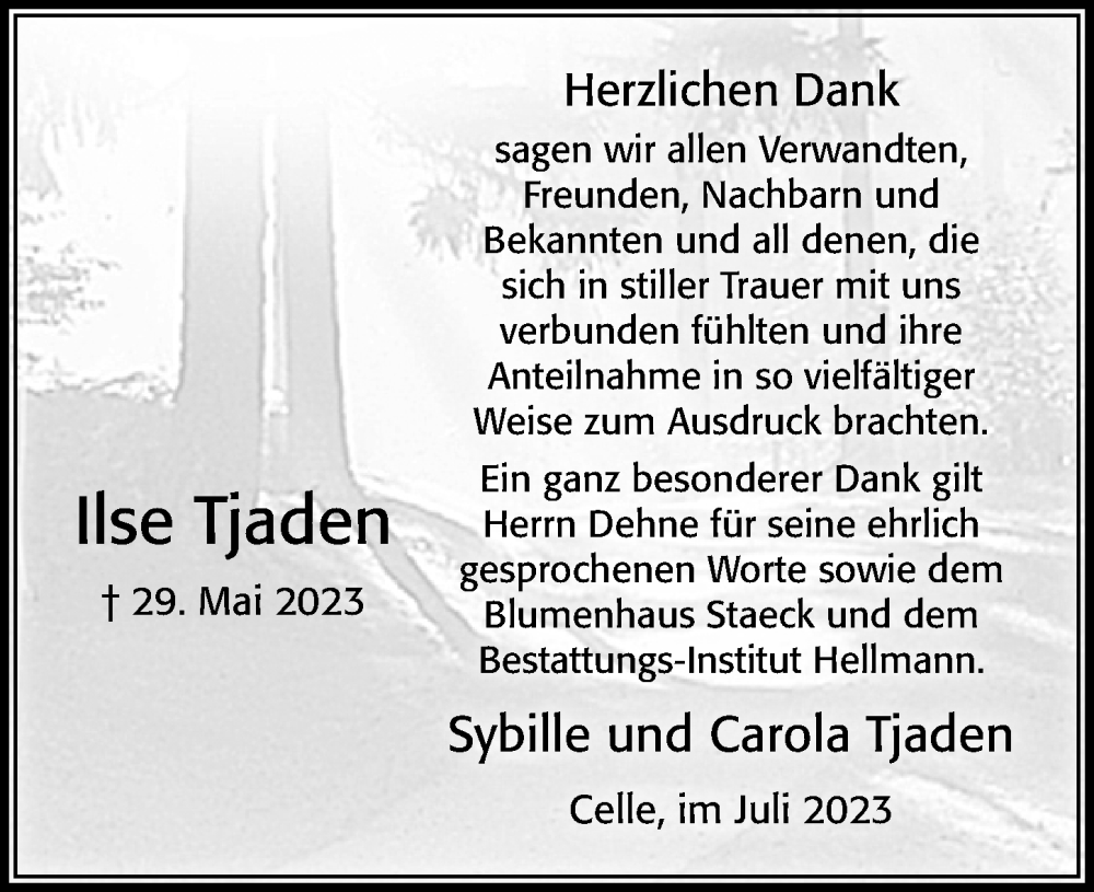  Traueranzeige für Ilse Tjaden vom 08.07.2023 aus Cellesche Zeitung