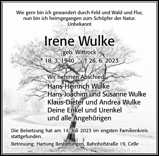 Traueranzeige von Irene Wulke von Cellesche Zeitung