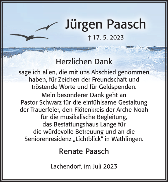 Traueranzeige von Jürgen Paasch von Cellesche Zeitung
