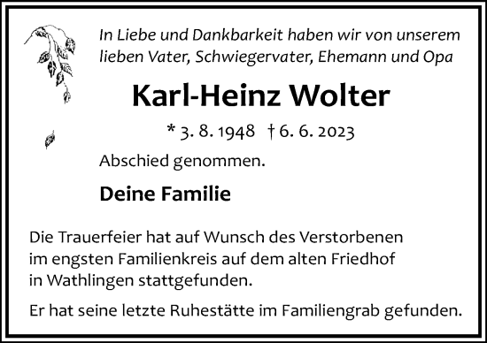 Traueranzeige von Karl-Heinz Wolter von Cellesche Zeitung