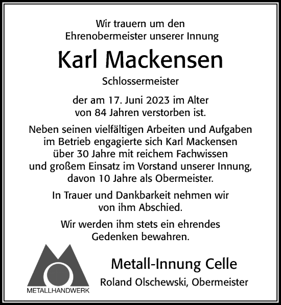 Traueranzeige von Karl Mackensen von Cellesche Zeitung