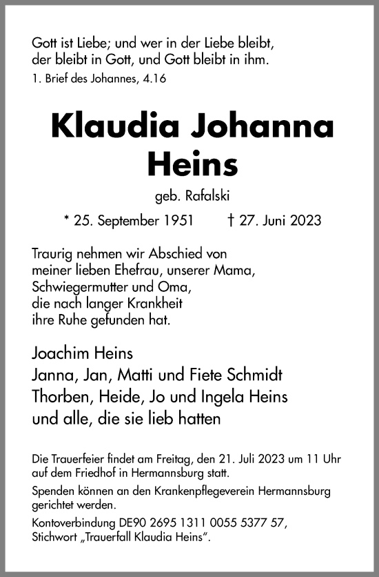 Traueranzeige von Klaudia Johanna Heins von Cellesche Zeitung