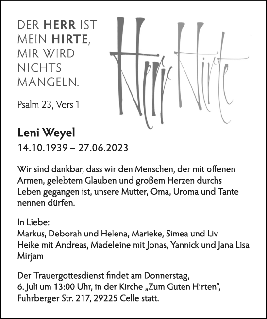 Traueranzeige von Leni Weyel von Cellesche Zeitung