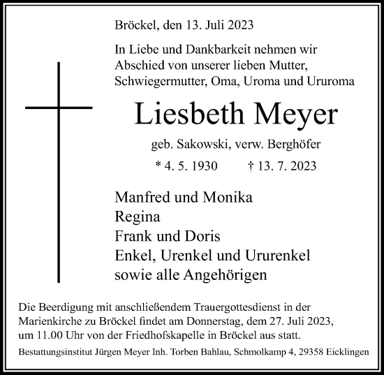 Traueranzeige von Liesbeth Meyer von Cellesche Zeitung