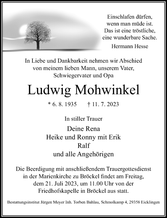 Traueranzeige von Ludwig Mohwinkel von Cellesche Zeitung