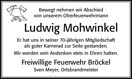 Traueranzeige von Ludwig Mohwinkel von Cellesche Zeitung