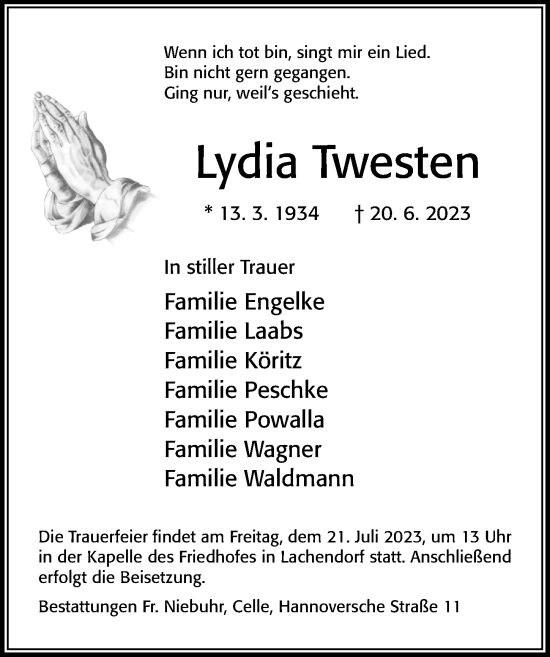 Traueranzeige von Lydia Twesten von Cellesche Zeitung