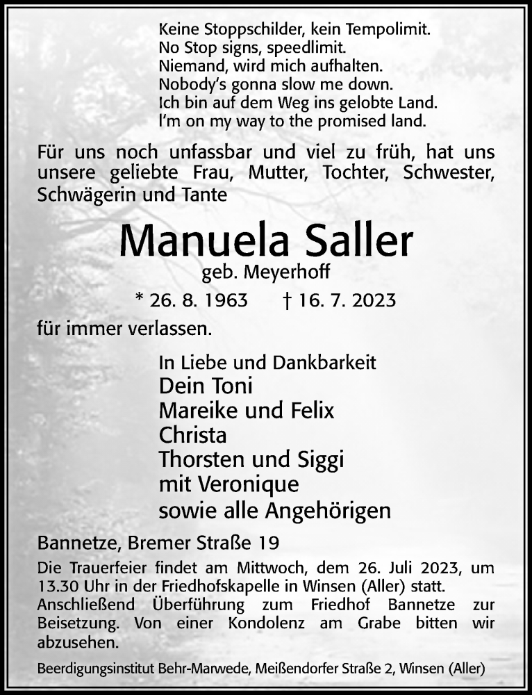  Traueranzeige für Manuela Saller vom 22.07.2023 aus Cellesche Zeitung