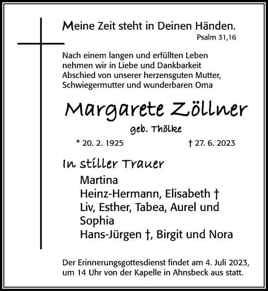 Traueranzeige von Margarete Zöllner von Cellesche Zeitung