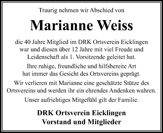Traueranzeige von Marianne Weiss von Cellesche Zeitung