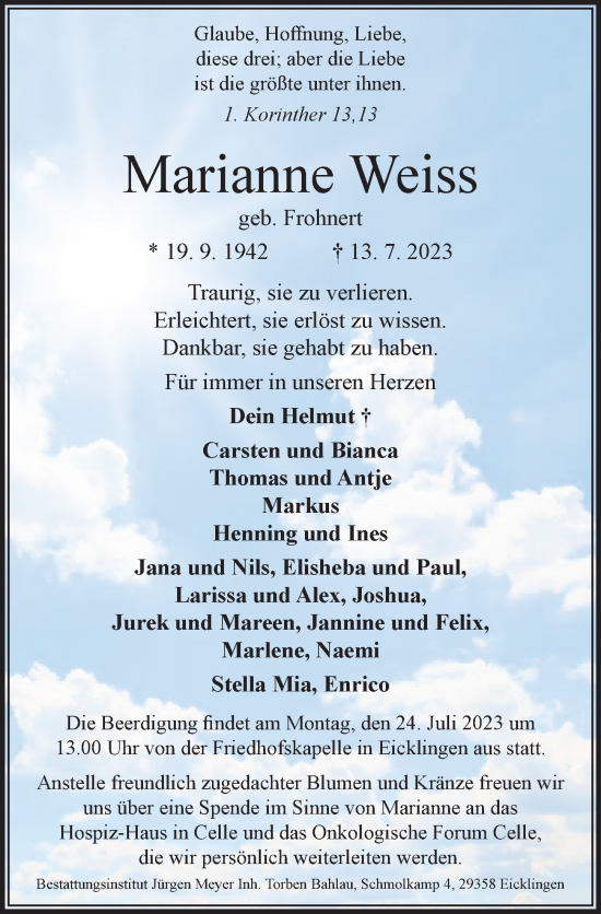Traueranzeige von Marianne Weiss von Cellesche Zeitung