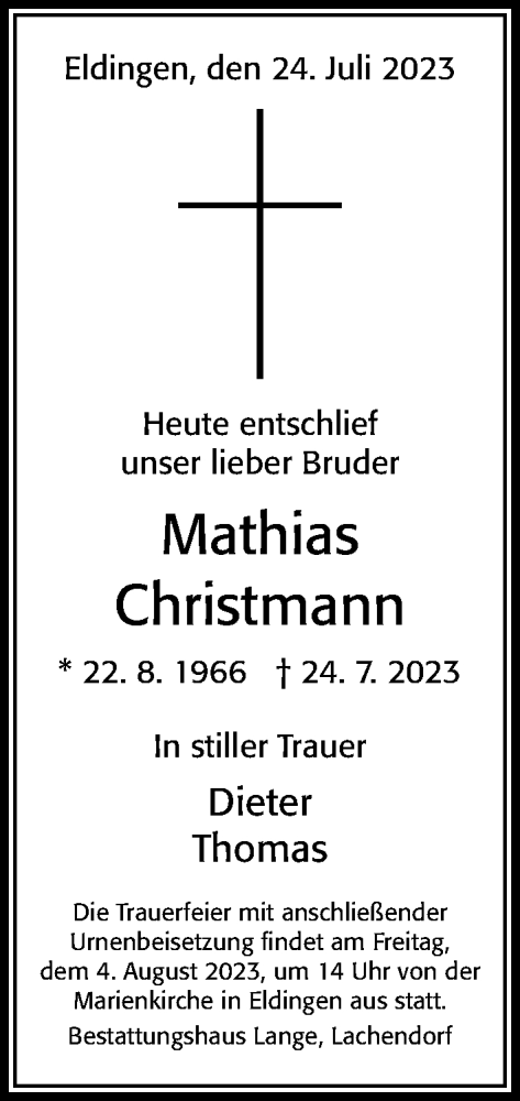 Traueranzeige von Mathias Christmann von Cellesche Zeitung